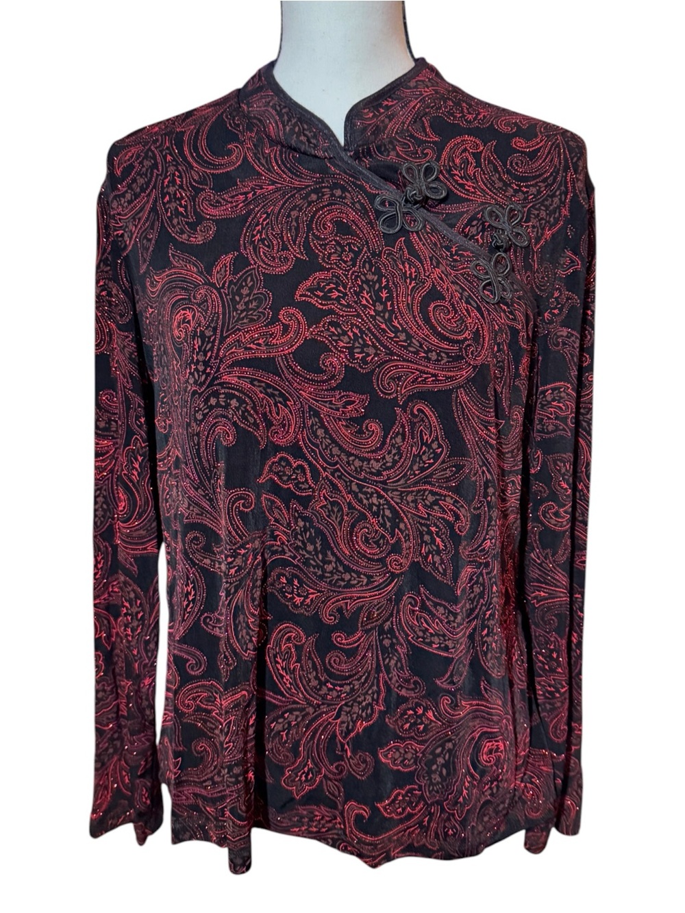 Mirasol Long Sleeve Top, Black & Red Glitter Paisley Mandarin Collar, size L